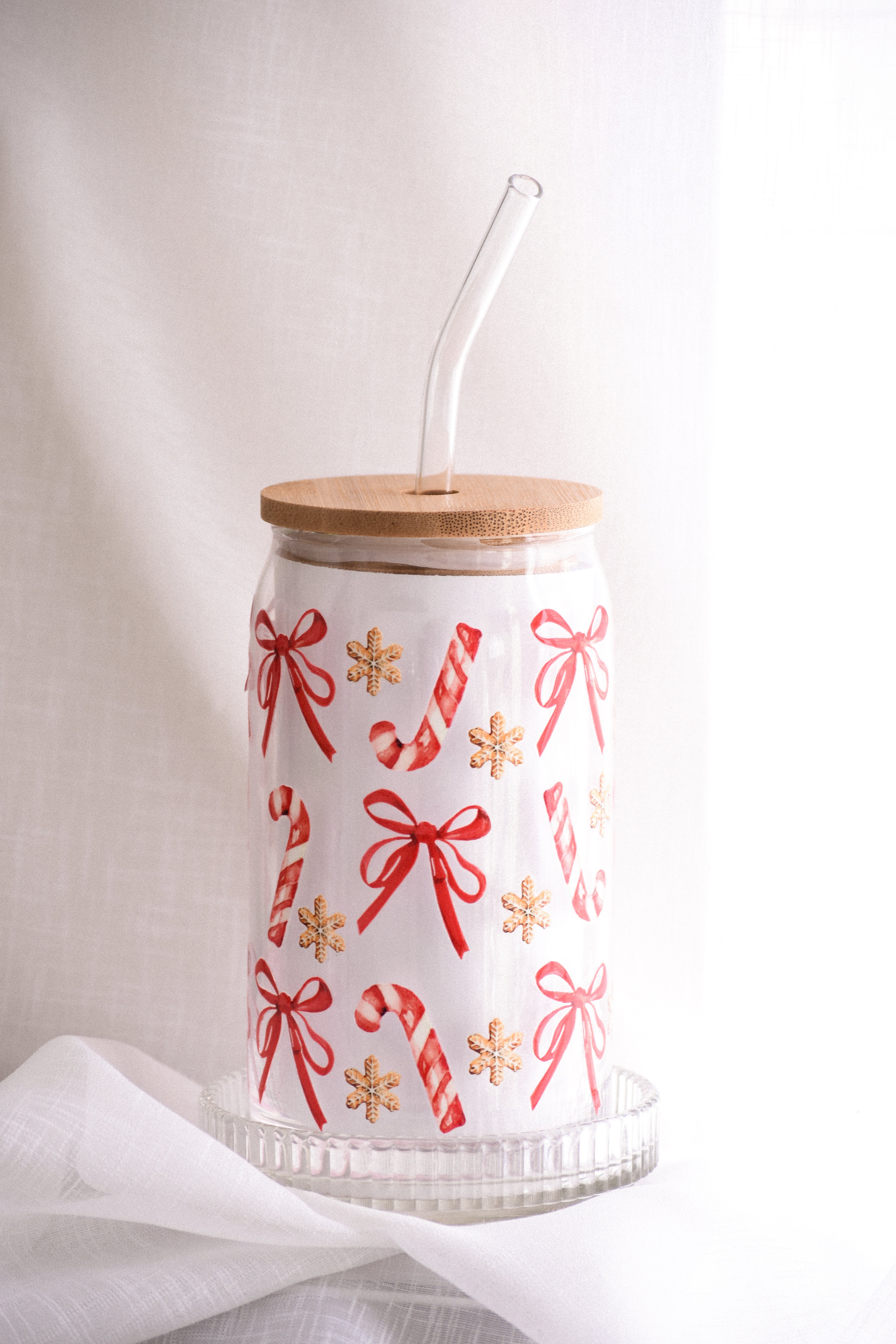 CANDY CANE & BOWS - CHRISTMAS GLASS CUP